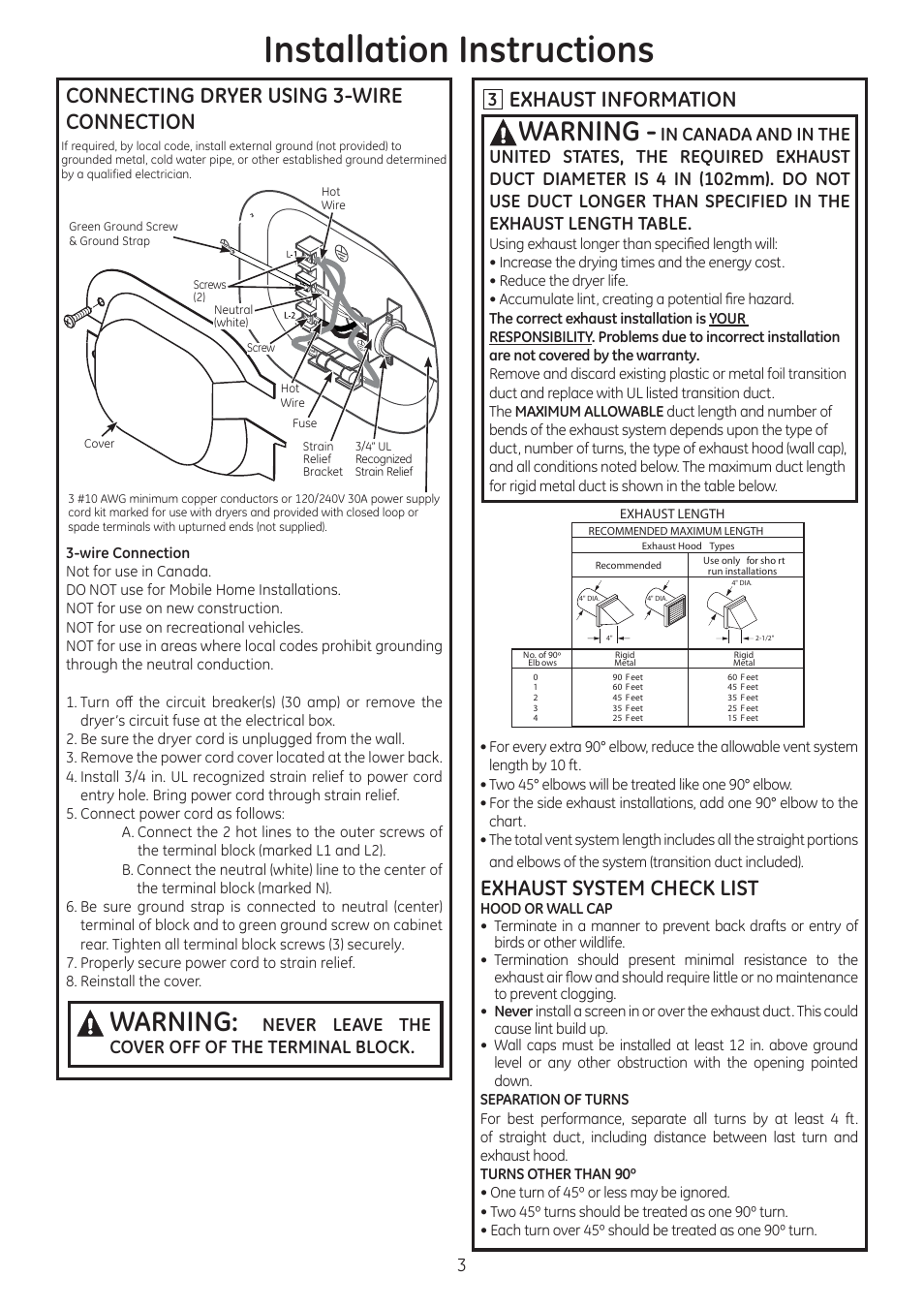 Installation instructions, Warning, Connecting dryer using 3-wire connection | Exhaust information, Exhaust system check list, Never leave the cover off of the terminal block | GE GTDX185EDCC User Manual | Page 3 / 8