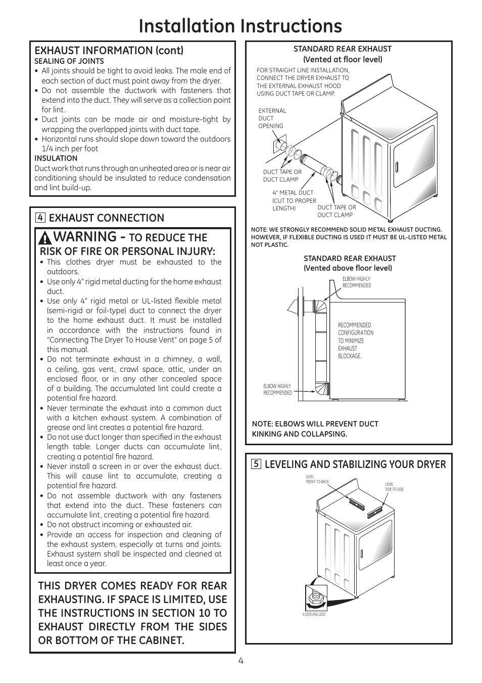 Installation instructions, Warning, Leveling and stabilizing your dryer | Exhaust information (cont) | GE GTDX185EDCC User Manual | Page 4 / 8