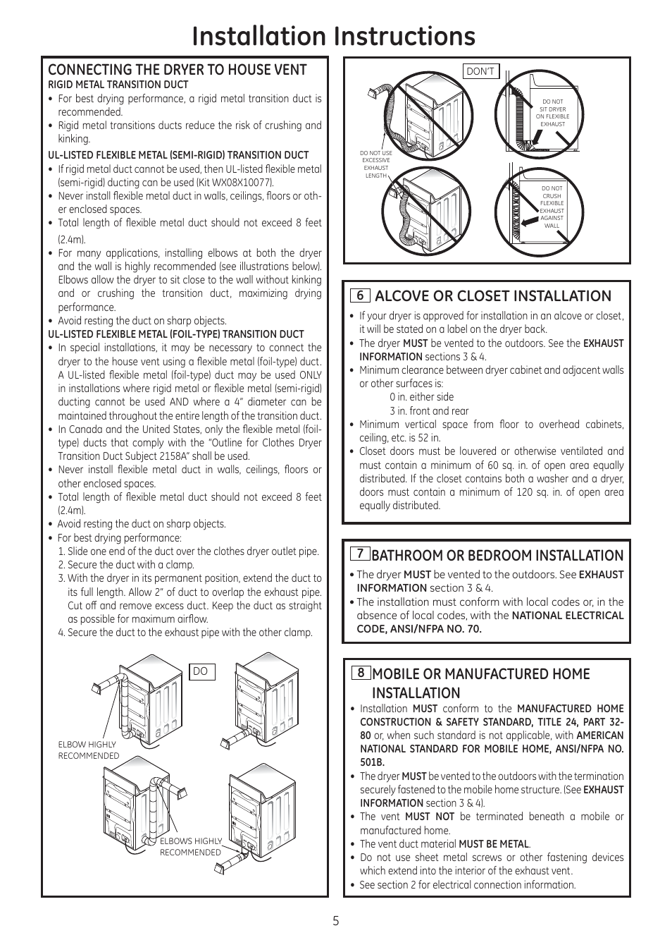 Installation instructions, Connecting the dryer to house vent, Bathroom or bedroom installation | Mobile or manufactured home installation, Alcove or closet installation | GE GTDX185EDCC User Manual | Page 5 / 8