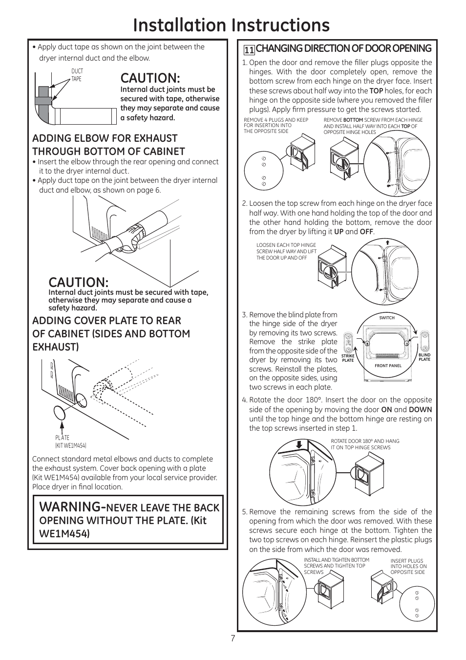 Installation instructions, Warning, Caution | Adding elbow for exhaust through bottom of cabinet, Changing direction of door opening | GE GTDX185EDCC User Manual | Page 7 / 8