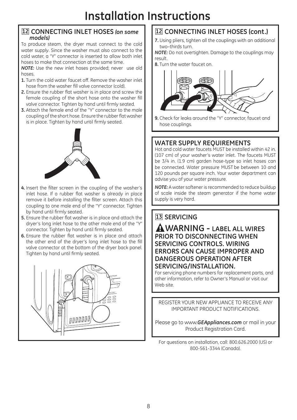 Installation instructions, Warning, Water supply requirements | Connecting inlet hoses, Connecting inlet hoses (cont.), Servicing | GE GTDX185EDCC User Manual | Page 8 / 8