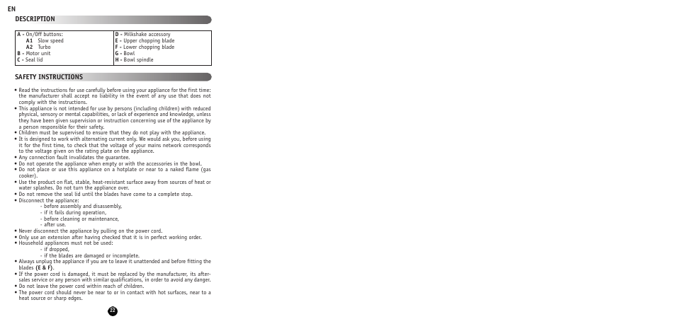 En description safety instructions | Moulinex MULTI MOULINETTE AT712G User Manual | Page 24 / 108