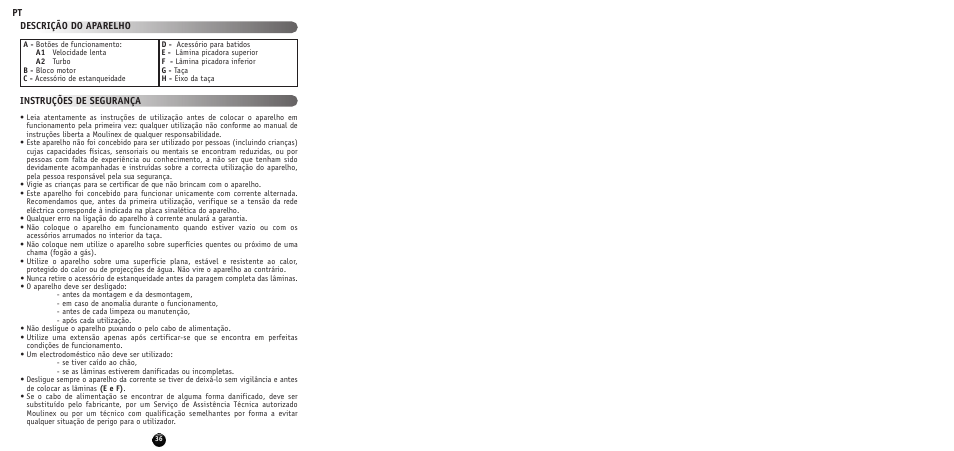 Pt descrição do aparelho instruções de segurança | Moulinex MULTI MOULINETTE AT712G User Manual | Page 38 / 108