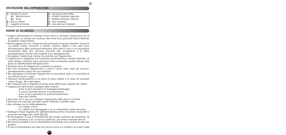 It descrizione dell'apparecchio norme di sicurezza | Moulinex MULTI MOULINETTE AT712G User Manual | Page 45 / 108