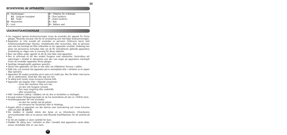 Sv beskrivning av apparaten säkerhetsanvisningar | Moulinex MULTI MOULINETTE AT712G User Manual | Page 59 / 108