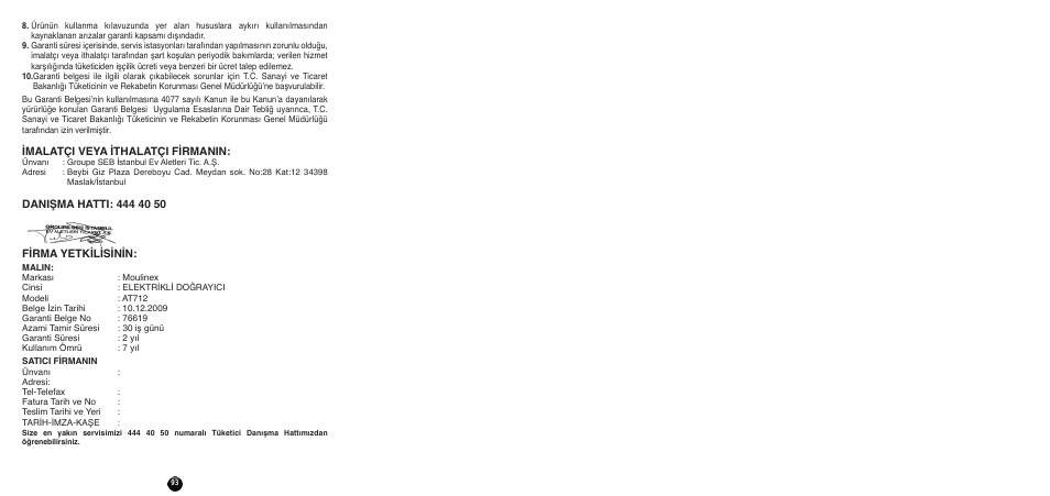 Imalatçi veya ithalatçi firmanin | Moulinex MULTI MOULINETTE AT712G User Manual | Page 95 / 108