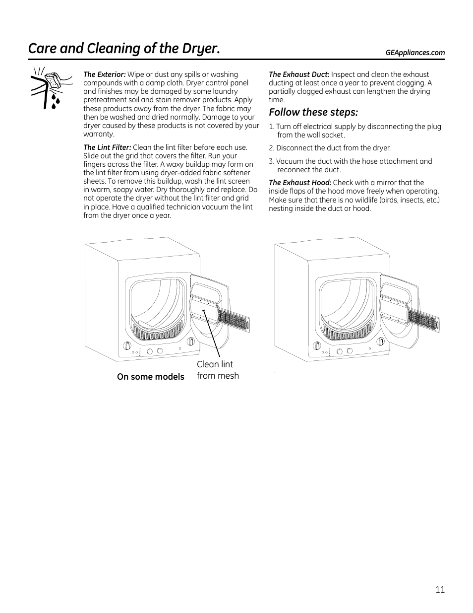 Care and cleaning of the dryer | GE GTUP270GMWW User Manual | Page 11 / 60