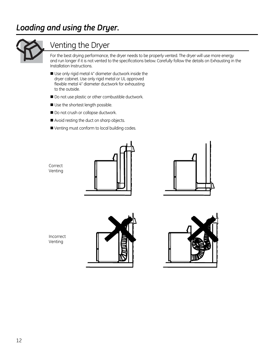 Loading and using the dryer, Venting the dryer | GE GTUP270GMWW User Manual | Page 12 / 60