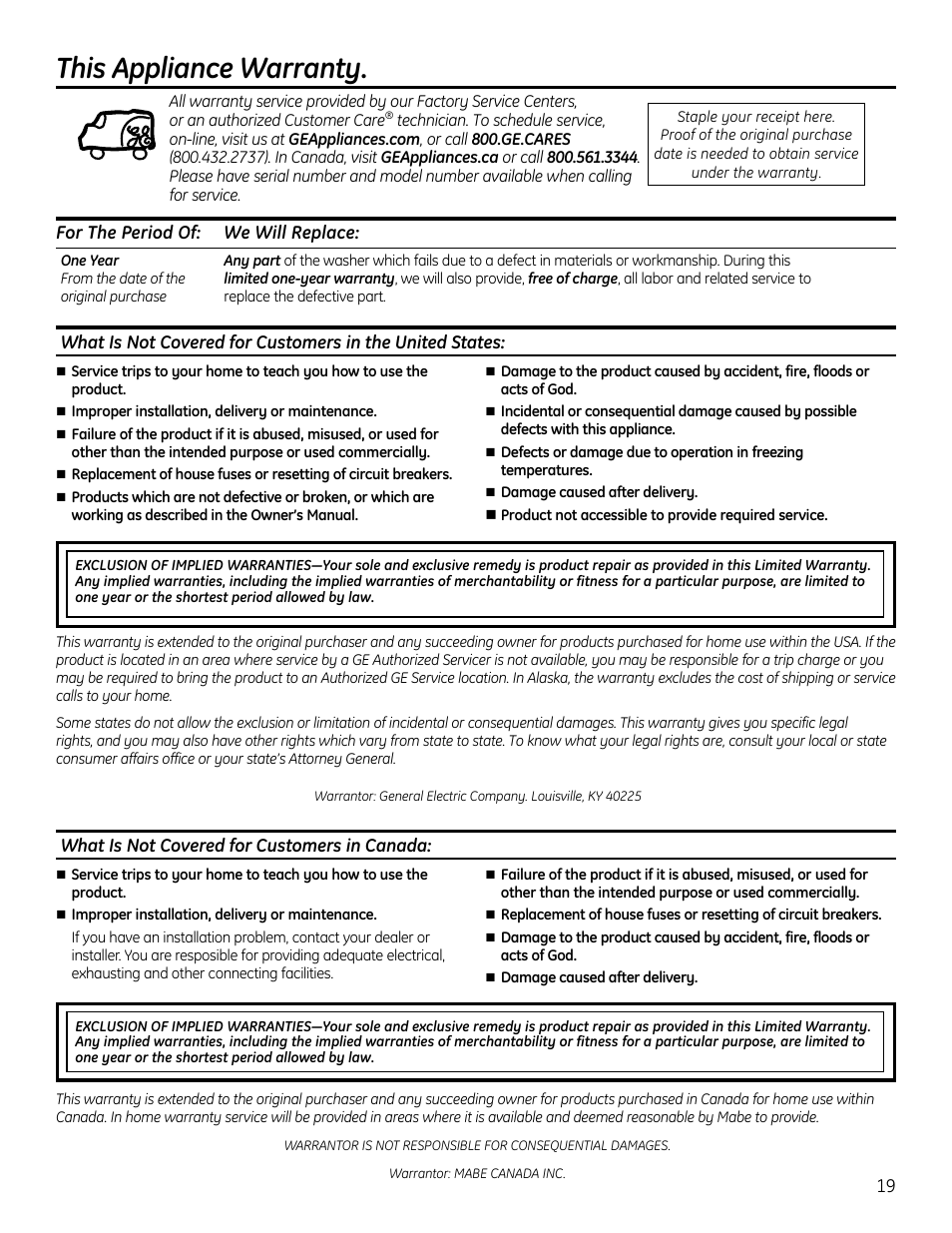 This appliance warranty, What is not covered for customers in canada | GE GTUP270GMWW User Manual | Page 19 / 60