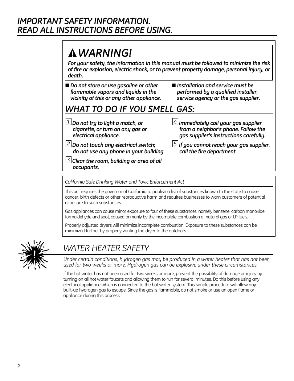 What to do if you smell gas, Water heater safety | GE GTUP270GMWW User Manual | Page 2 / 60