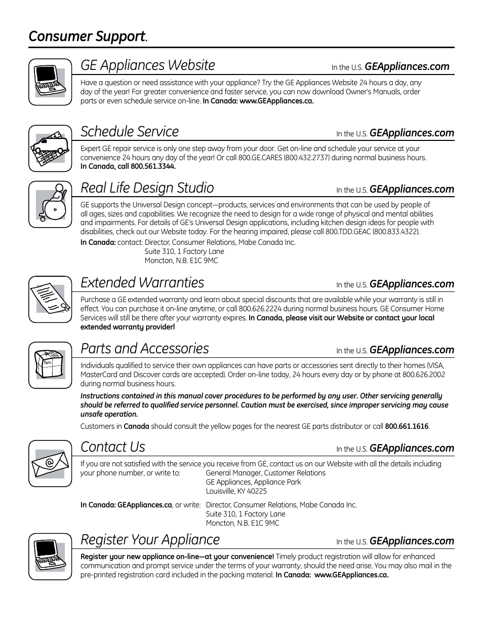 Consumer support, Ge apphonces website, Schedule service | Real life design studio, Extended warranties, Parts and accessories, Register your appliance, Contact us | GE GTUP270GMWW User Manual | Page 20 / 60