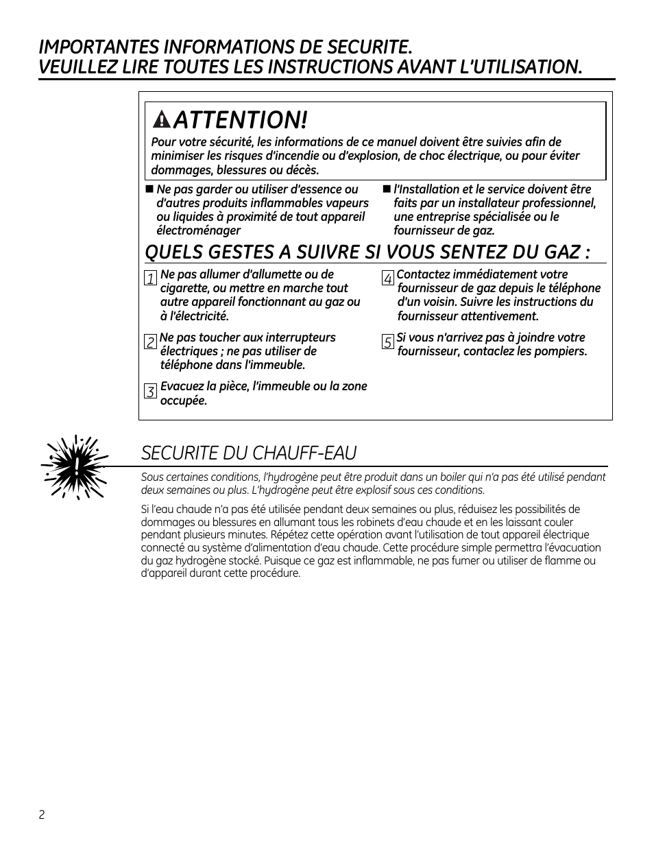 Importantes informations de securite, Quels gestes a suivre si vous sentez du gaz, Securite du chauff-eau | GE GTUP270GMWW User Manual | Page 22 / 60