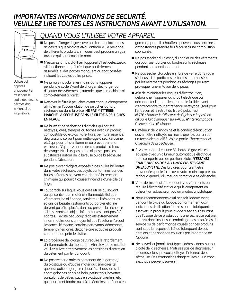 Importantes informations de securite, Quand vous utilisez votre appareil | GE GTUP270GMWW User Manual | Page 24 / 60