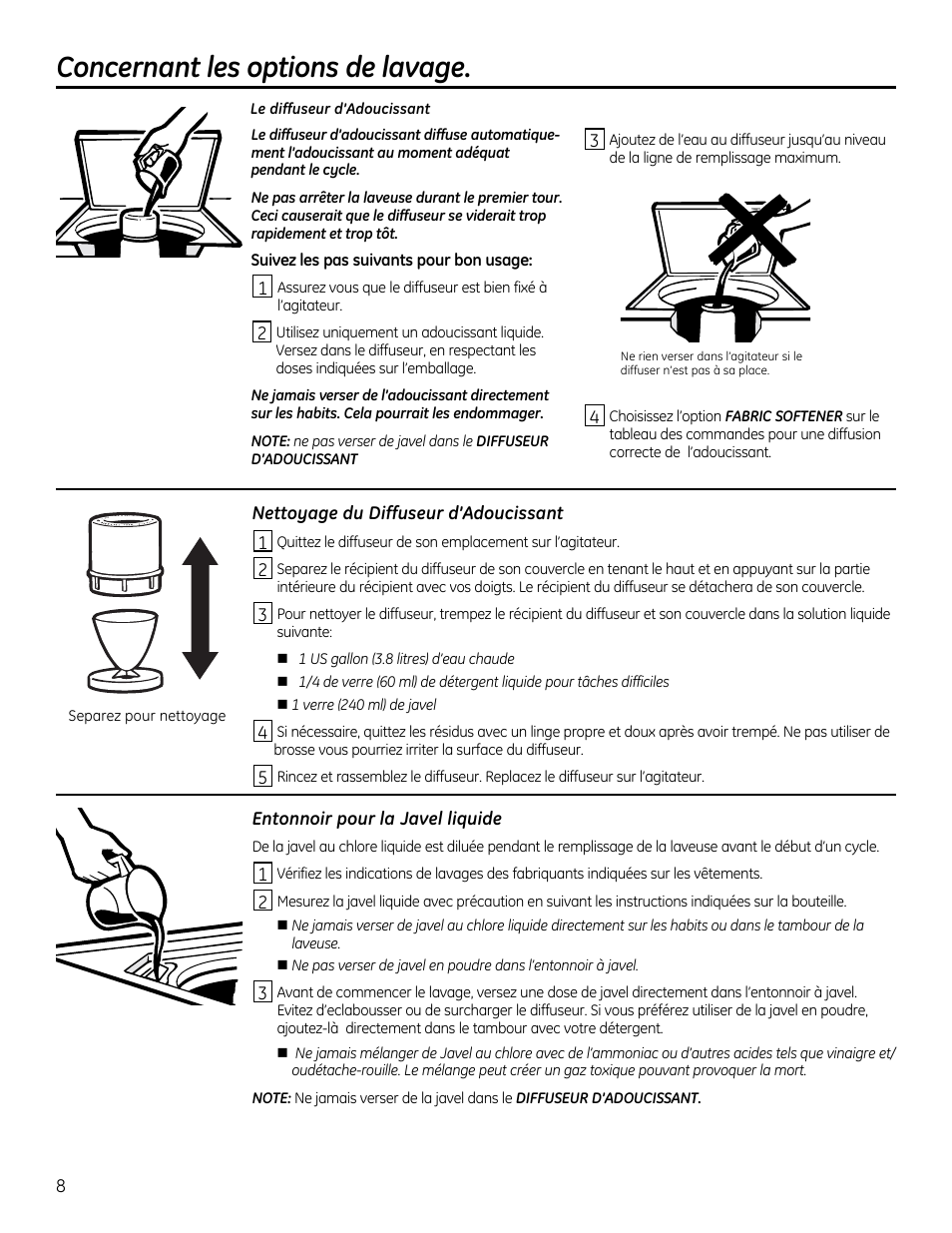 Concernant les options de lavage, Nettoyage du diffuseur d’adoucissant, Entonnoir pour la javel liquide | GE GTUP270GMWW User Manual | Page 28 / 60