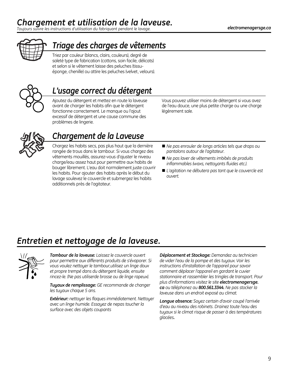 Chargement et utilisation de la laveuse, Triage des charges de vêtements, L'usage correct du détergent | Chargement de la laveuse, Entretien et nettoyage de la laveuse | GE GTUP270GMWW User Manual | Page 29 / 60