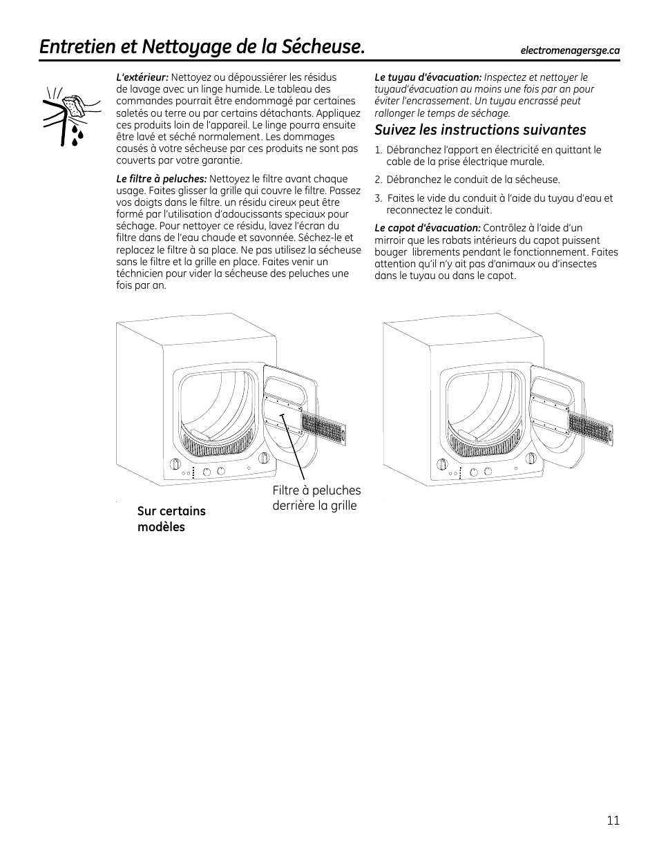 Entretien et nettoyage de la sécheuse | GE GTUP270GMWW User Manual | Page 31 / 60