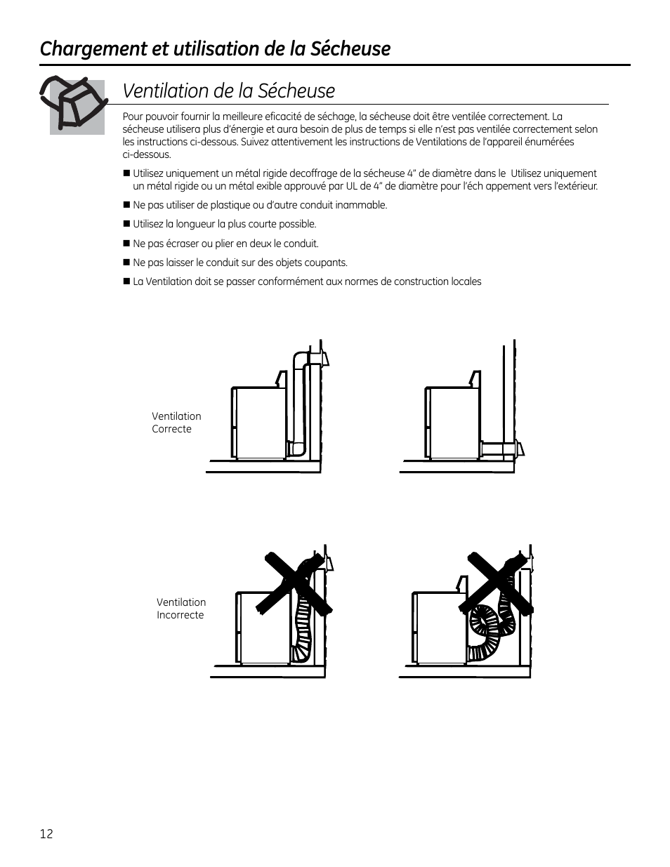 Chargement et utilisation de la sécheuse, Ventilation de la sécheuse | GE GTUP270GMWW User Manual | Page 32 / 60