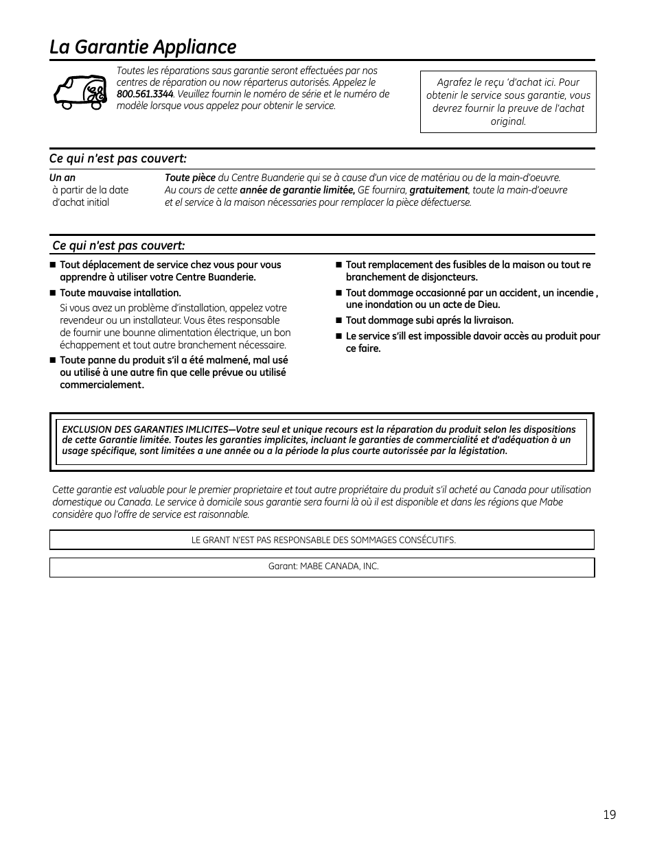 La garantie appliance, Ce qui n'est pas couvert, Ce qui n’est pas couvert | GE GTUP270GMWW User Manual | Page 39 / 60