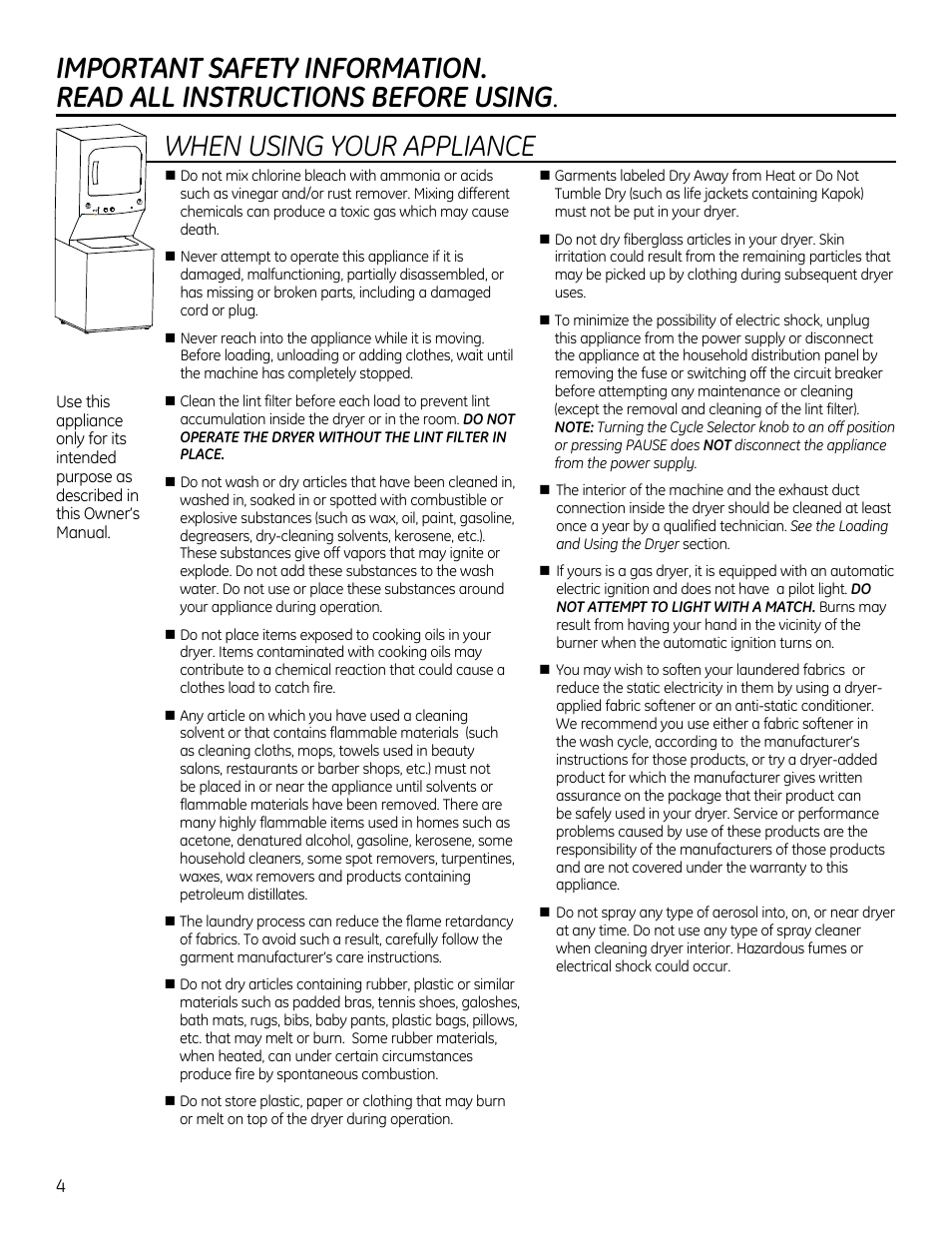 When using your appliance | GE GTUP270GMWW User Manual | Page 4 / 60