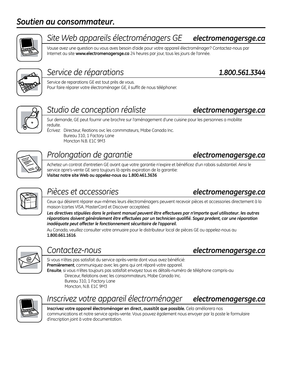 Soutien au consommateur, Service de réparations, Electromenagersge.ca | Electromenagersge. ca | GE GTUP270GMWW User Manual | Page 40 / 60