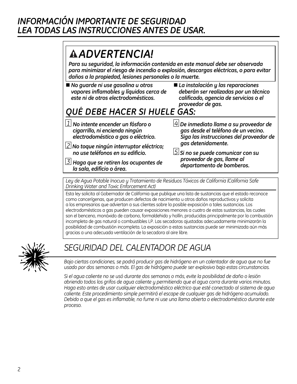 Que debe hacer si huele gas, Seguridad del calentador de agua | GE GTUP270GMWW User Manual | Page 42 / 60