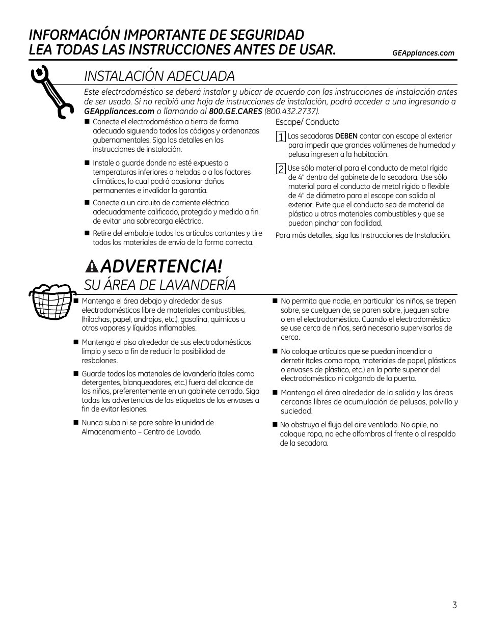 Instalacion adecuada, Aadvertencia, Su área de lavandería | GE GTUP270GMWW User Manual | Page 43 / 60