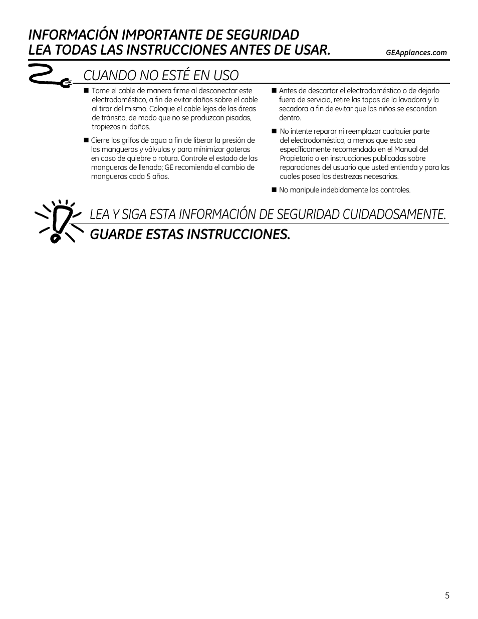 Cuando no este en uso, Guarde estas instrucciones | GE GTUP270GMWW User Manual | Page 45 / 60