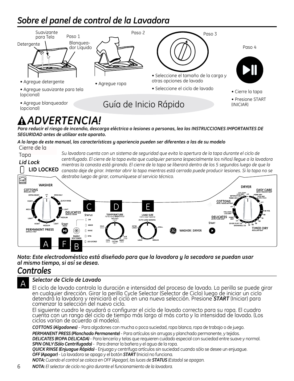 Sobre el panel de control de la lavadora, Aadvertencia, Tapa lid lock | Controles, Selector de ciclo de lavado, Panel de control de lo secadora, Guía de inicio rápido, Cierre de la, Tapa | GE GTUP270GMWW User Manual | Page 46 / 60