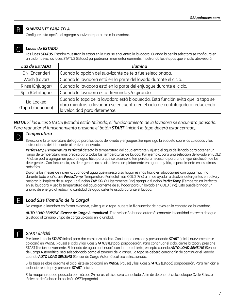 Load size (tamaño de (a carga) | GE GTUP270GMWW User Manual | Page 47 / 60