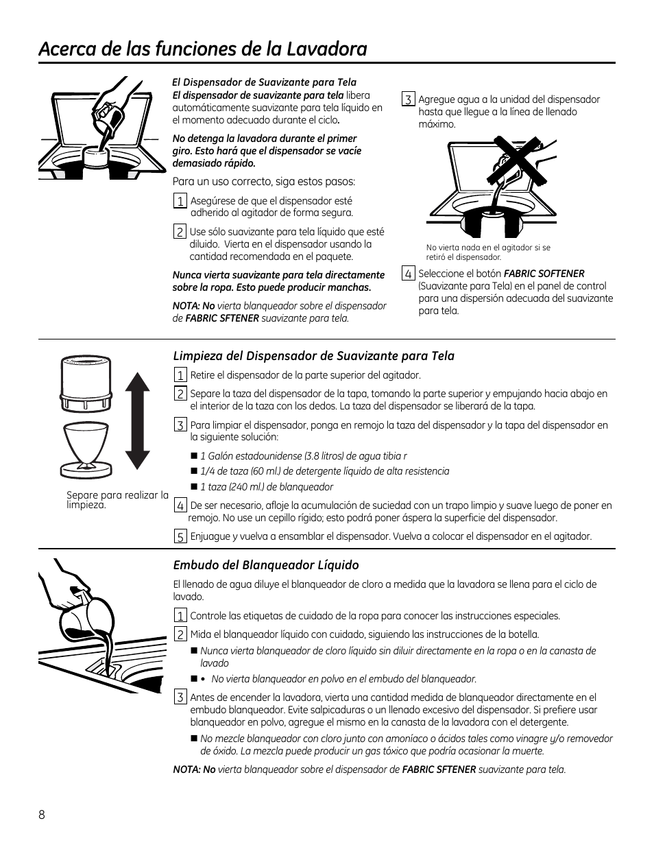 Acerca de las funciones de la lavadora, Limpieza del dispensador de suavizante para tela, Embudo del blanqueador líquido | GE GTUP270GMWW User Manual | Page 48 / 60