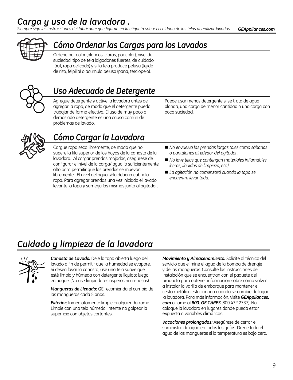 Carga y uso de la lavadora, Cómo ordenar las cargas para los lavados, Uso adecuado de detergente | Cómo cargar la lavadora, Cuidado y limpieza de la lavadora, Cargo y uso de lo lavadora.9 | GE GTUP270GMWW User Manual | Page 49 / 60