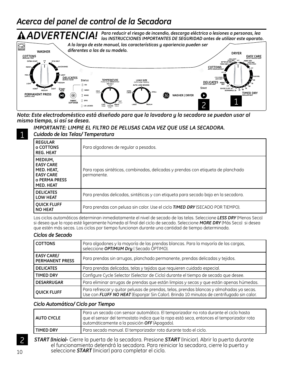 Aadvertencia, Cuidado de las telas/ temperatura, Ciclos de secado | Ciclo automático/ ciclo por tiempo, Acerca del panel de control de la secadora | GE GTUP270GMWW User Manual | Page 50 / 60