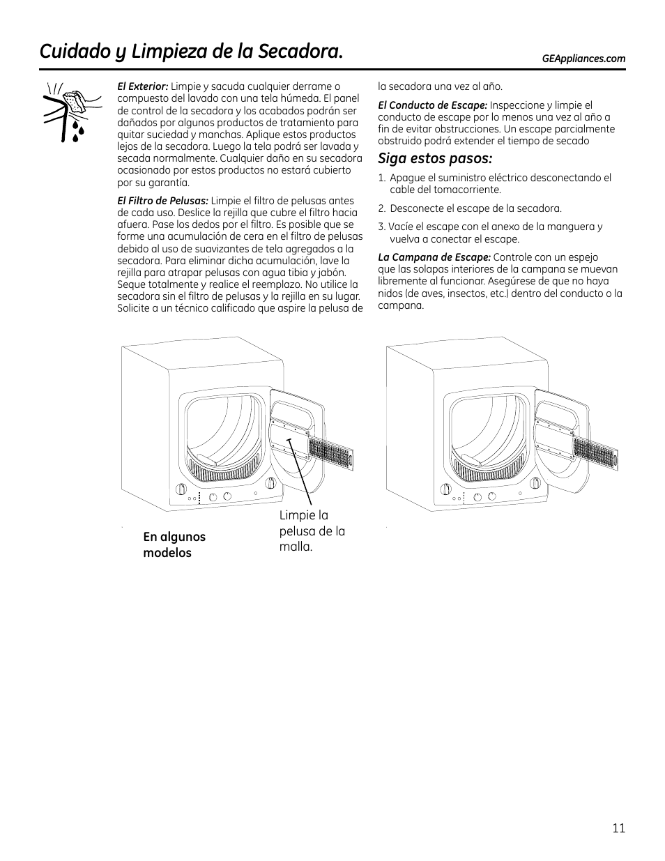 Cuidado y limpieza de la secadora | GE GTUP270GMWW User Manual | Page 51 / 60