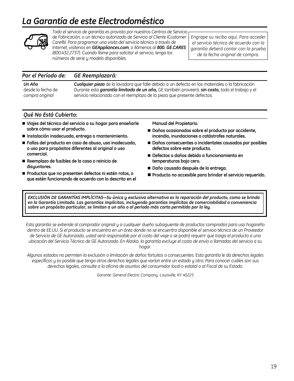 La garantía de este electrodoméstico, Por el período de: ge reemplazará, Qué no está cubierto | GE GTUP270GMWW User Manual | Page 59 / 60