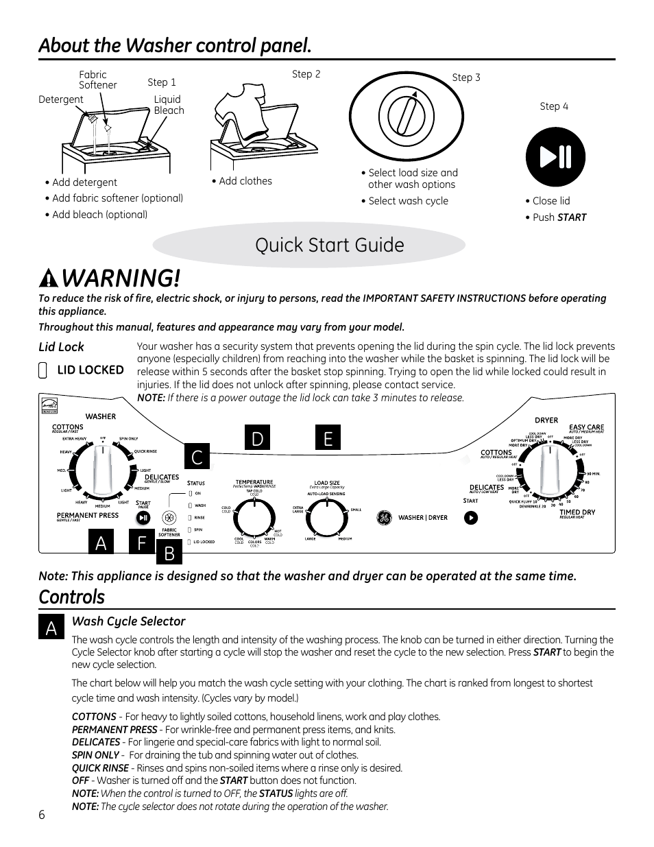 About the washer control panel, A warning, Controls | Wash cycle selector, Quick start guide | GE GTUP270GMWW User Manual | Page 6 / 60