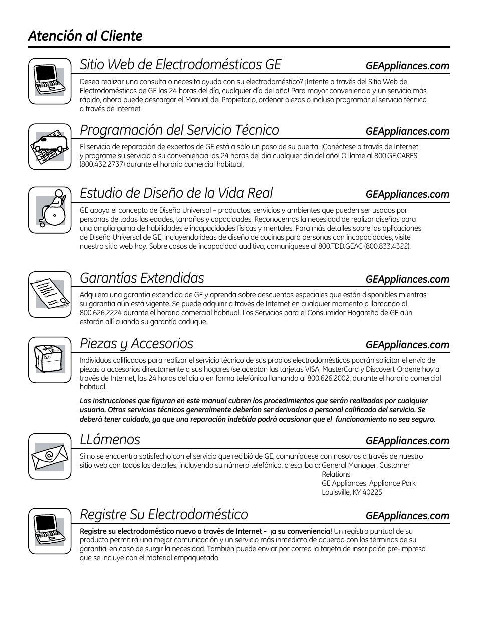 Atención al cliente, Sitio web de electrodomésticos ge, Progromoción del servicio técnico | Estudio de diseño de lo vida real, Garantios extendidos, Piezas g accesorios, Llámenos, Registre su electrodoméstico | GE GTUP270GMWW User Manual | Page 60 / 60