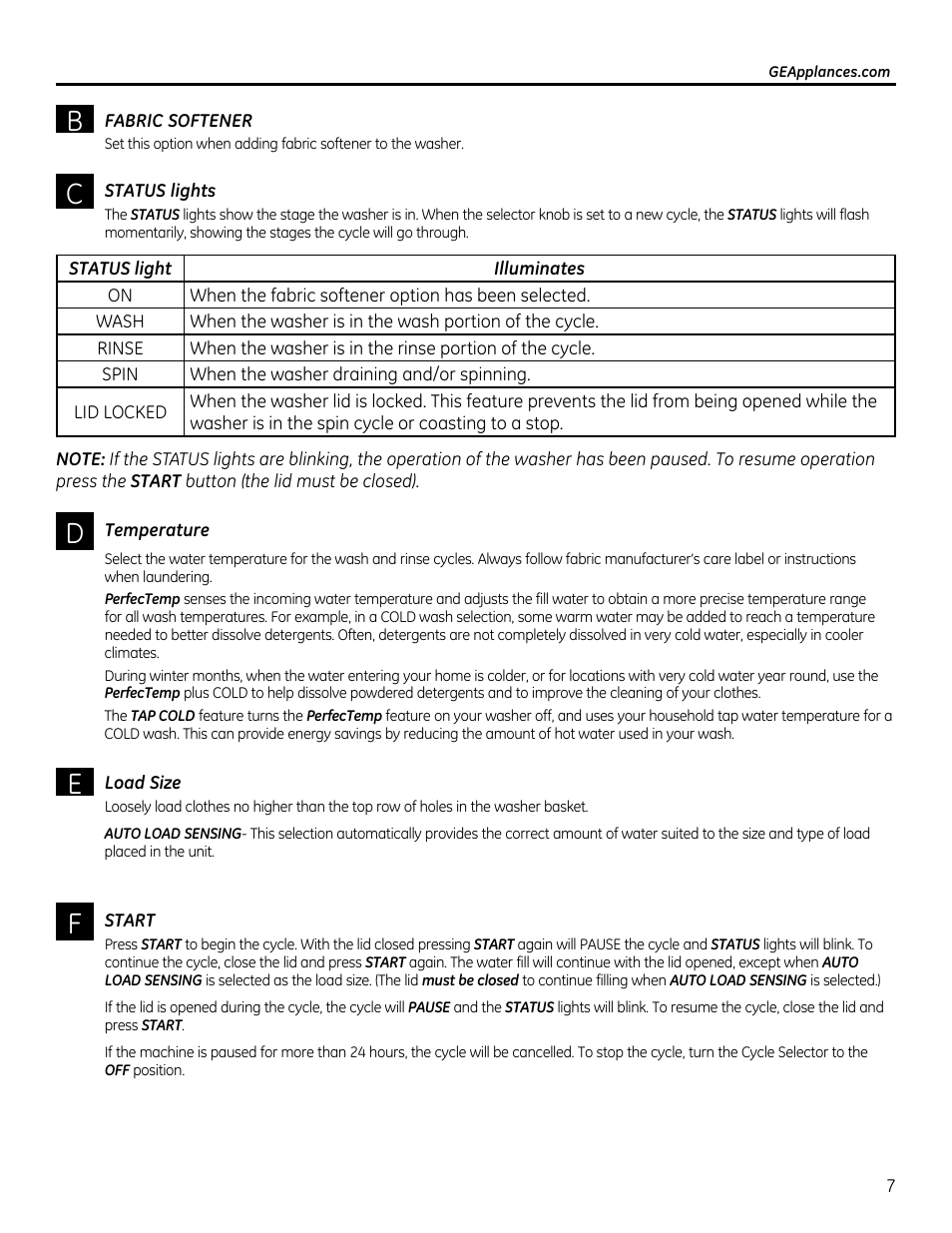 Fabric softener, Status lights, Temperature | Load size, Start | GE GTUP270GMWW User Manual | Page 7 / 60