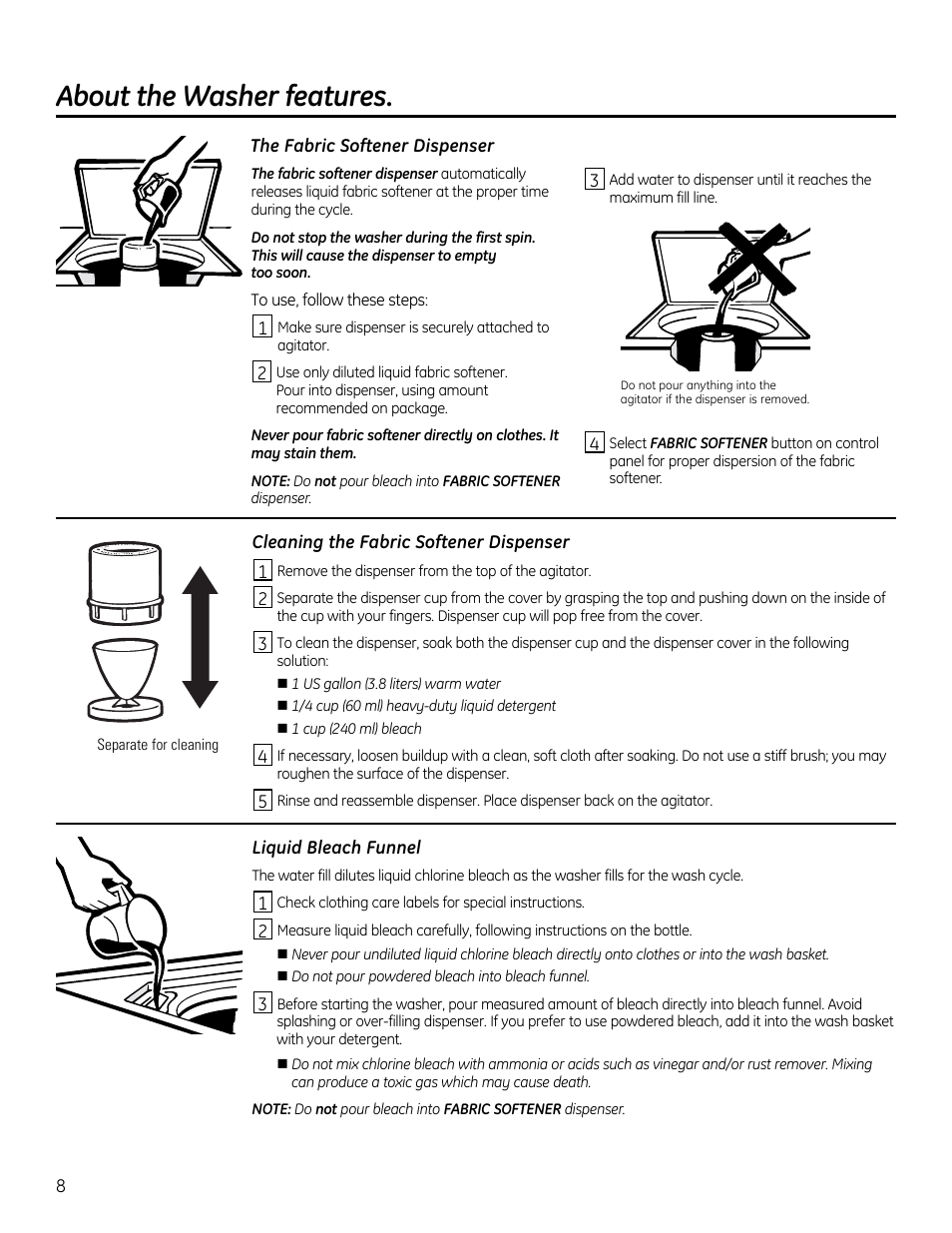 About the washer features, The fabric softener dispenser, Cleaning the fabric softener dispenser | Liquid bleach funnel, Separate for cleaning | GE GTUP270GMWW User Manual | Page 8 / 60
