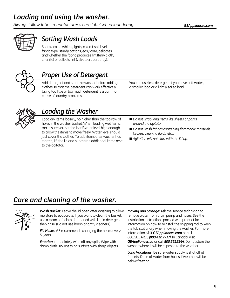 Loading and using the washer, Sorting wash loads, Proper use of detergent | Loading the washer, Care and cleaning of the washer | GE GTUP270GMWW User Manual | Page 9 / 60