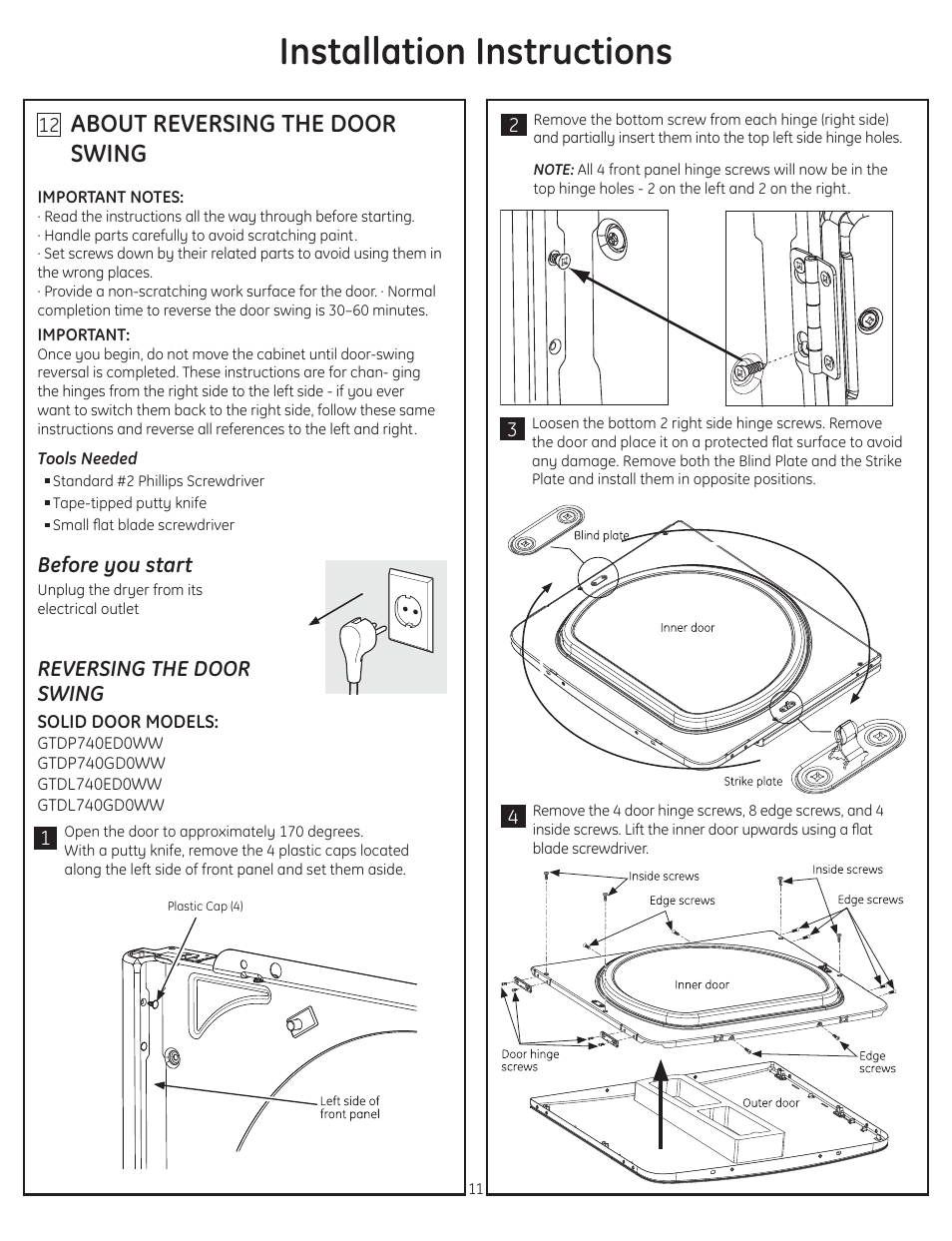 Installation instructions, About reversing the door swing | GE GTDP740EDWW User Manual | Page 11 / 16