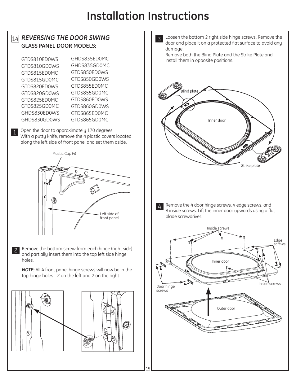 Installation instructions, Reversing the door swing | GE GTDP740EDWW User Manual | Page 15 / 16