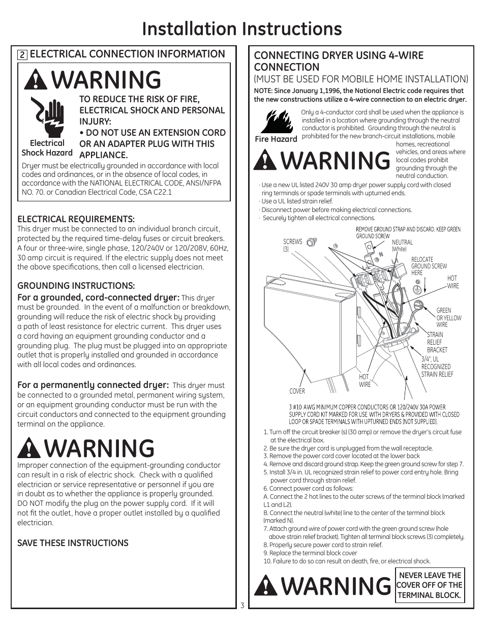 Warning, Installation instructions, Electrical connection information | Connecting dryer using 4-wire connection | GE GTDP740EDWW User Manual | Page 3 / 16