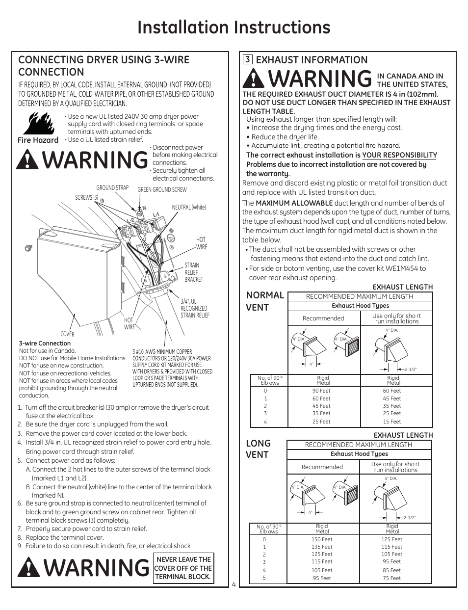 Warning, Installation instructions, Connecting dryer using 3-wire connection | Exhaust information, Normal vent long vent | GE GTDP740EDWW User Manual | Page 4 / 16