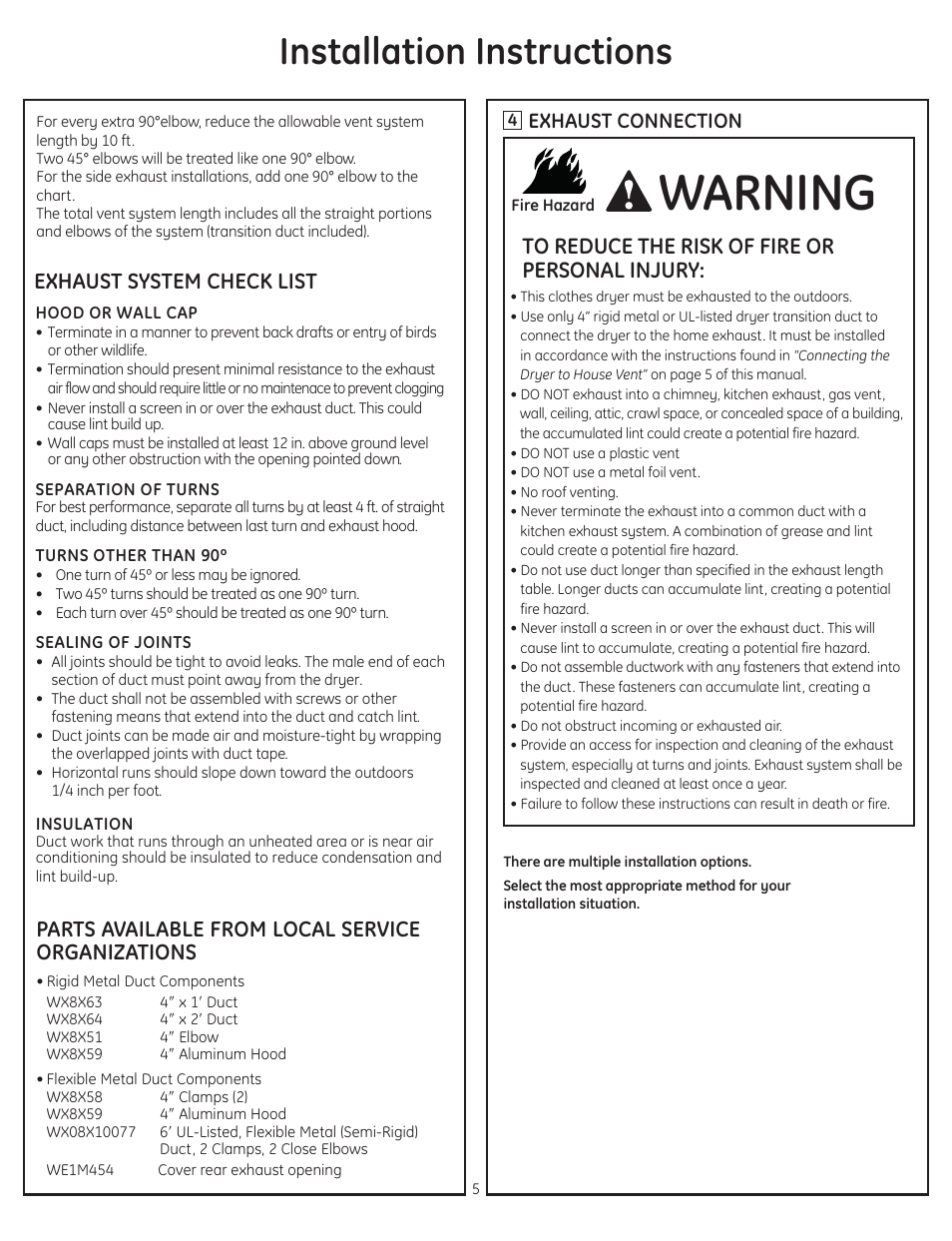 Warning, Installation instructions, Exhaust system check list | Parts available from local service organizations, Exhaust connection | GE GTDP740EDWW User Manual | Page 5 / 16