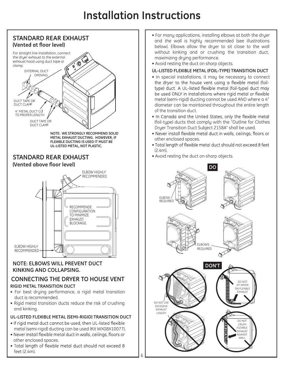 Installation instructions, Standard rear exhaust standard rear exhaust, Connecting the dryer to house vent | Don’t | GE GTDP740EDWW User Manual | Page 6 / 16