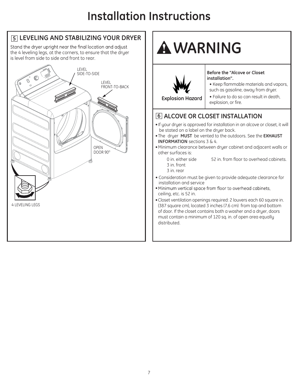 Warning, Installation instructions, Leveling and stabilizing your dryer | Alcove or closet installation | GE GTDP740EDWW User Manual | Page 7 / 16