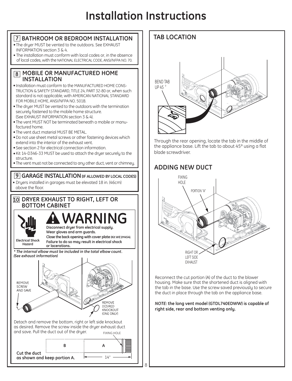 Warning, Installation instructions, Tab location adding new duct | Dryer exhaust to right, left or bottom cabinet, Bathroom or bedroom installation, Mobile or manufactured home installation, Garage installation | GE GTDP740EDWW User Manual | Page 8 / 16