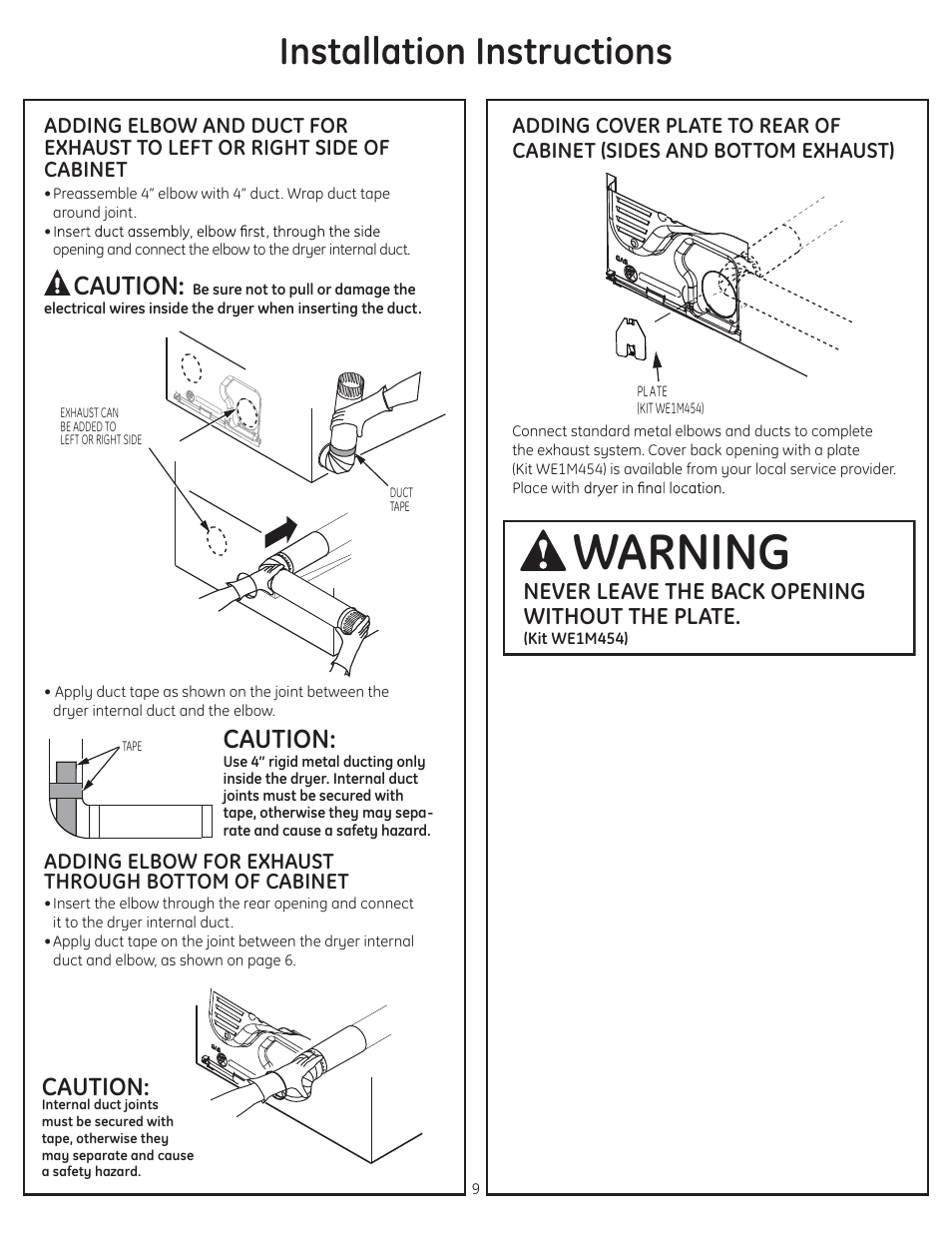 Warning, Installation instructions, Caution | Never leave the back opening without the plate | GE GTDP740EDWW User Manual | Page 9 / 16