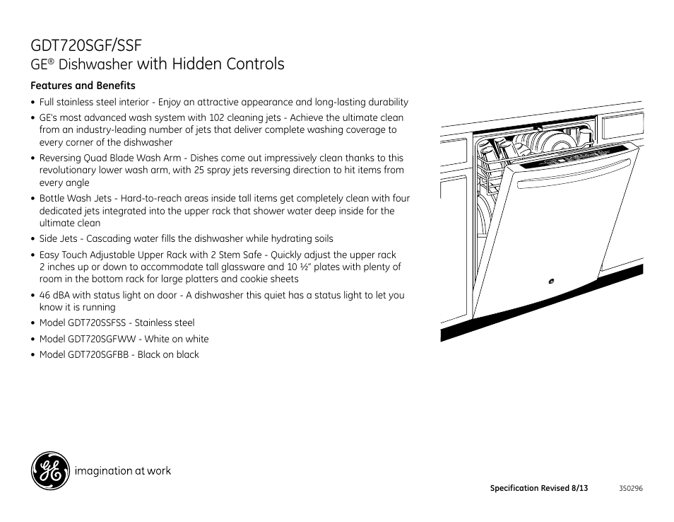Gdt720sgf/ssf, With hidden controls, Dishwasher | GE GDT720SGFWW User Manual | Page 2 / 2
