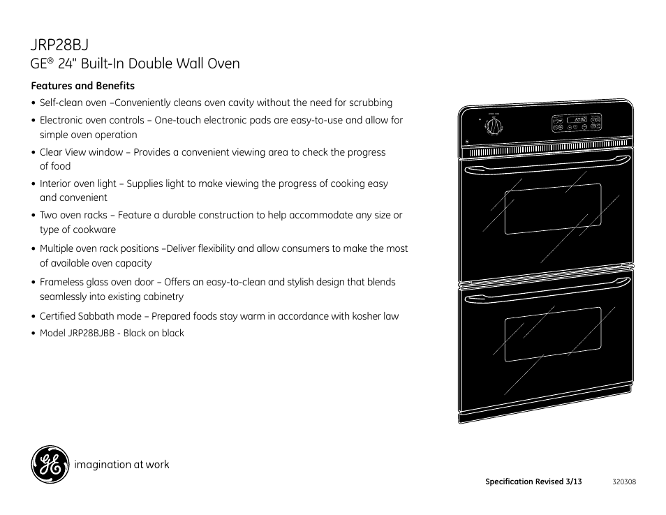 Jrp28bj, 24" built-in double wall oven, Model jrp28bjbb - black on black | GE JRP28BJBB User Manual | Page 2 / 2